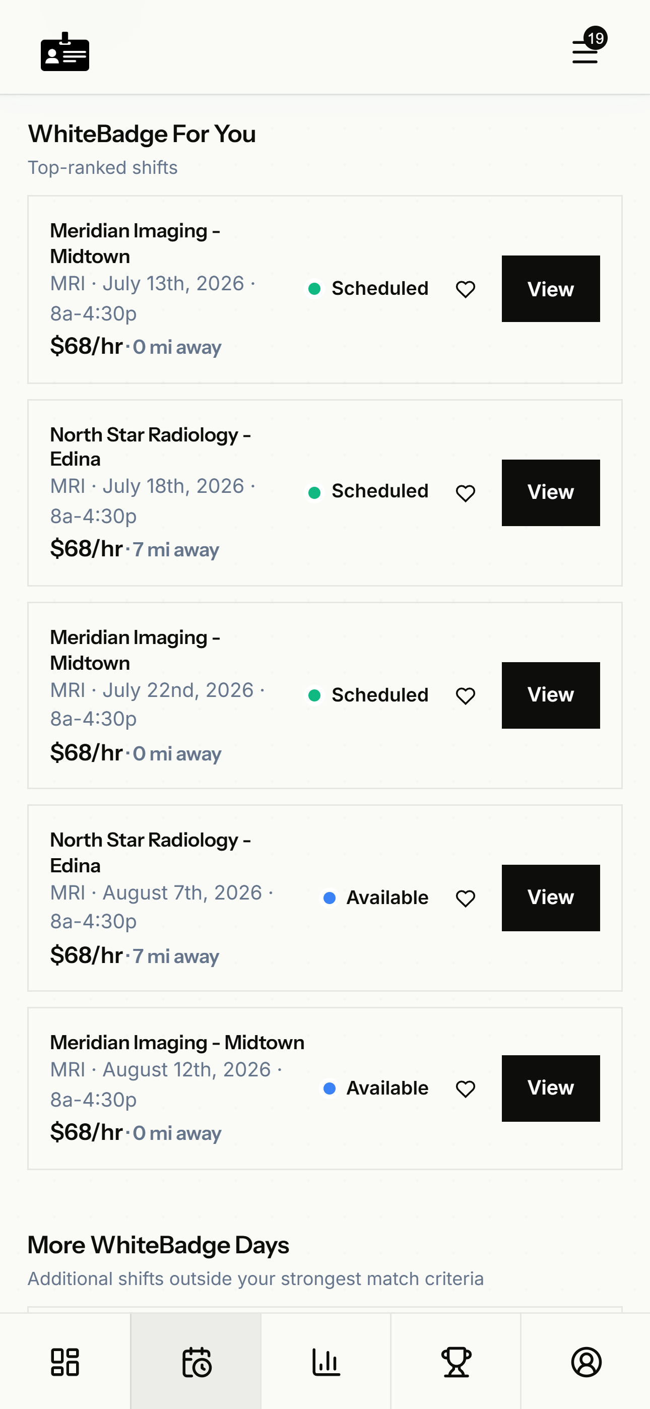 WhiteBadge app showing available per diem imaging shifts ranked by match, with pay and distance