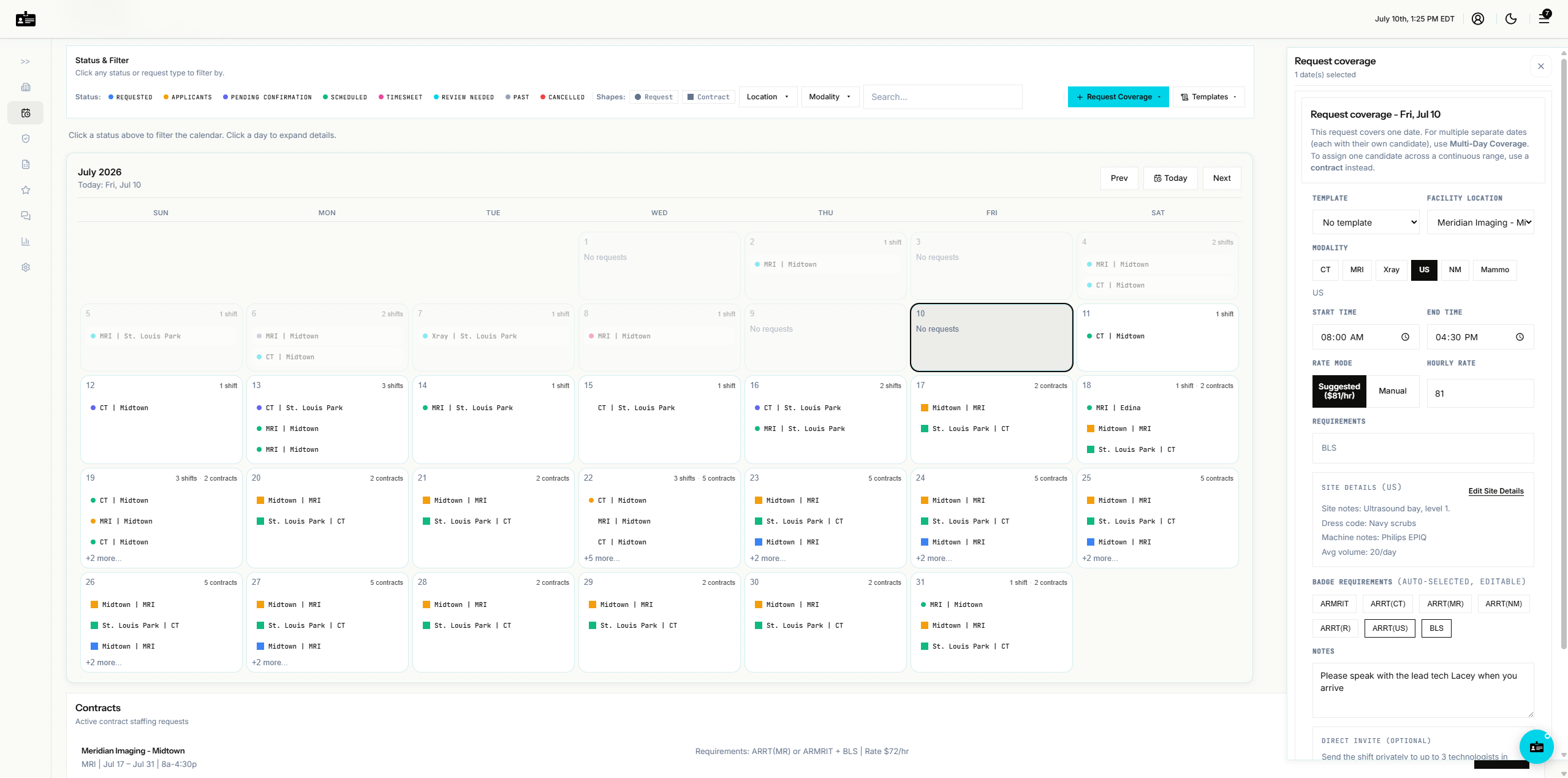 WhiteBadge facility calendar with a request-coverage panel showing modality, times, and a suggested rate