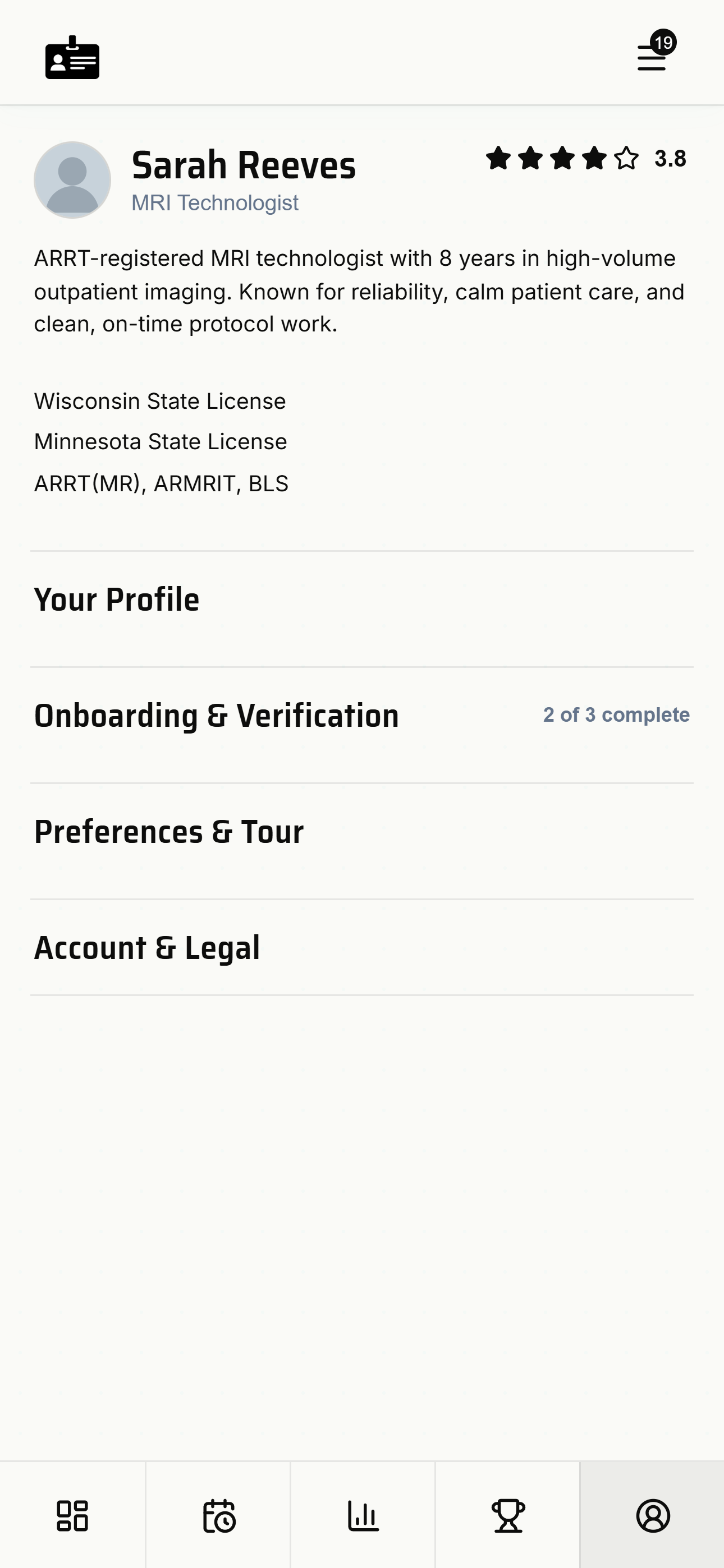 WhiteBadge app profile screen with verified state licenses and ARRT credentials