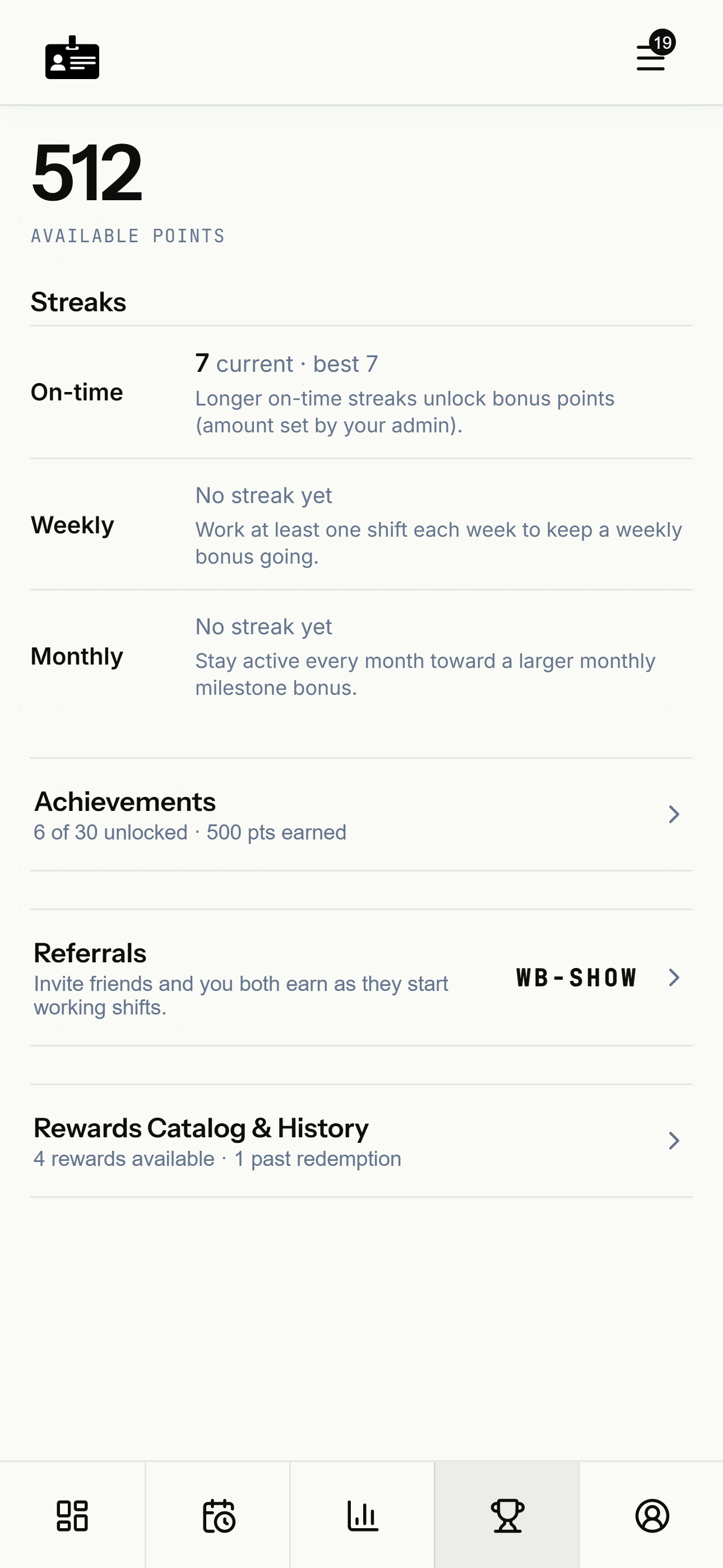 WhiteBadge app rewards screen showing points, on-time streaks, and achievements