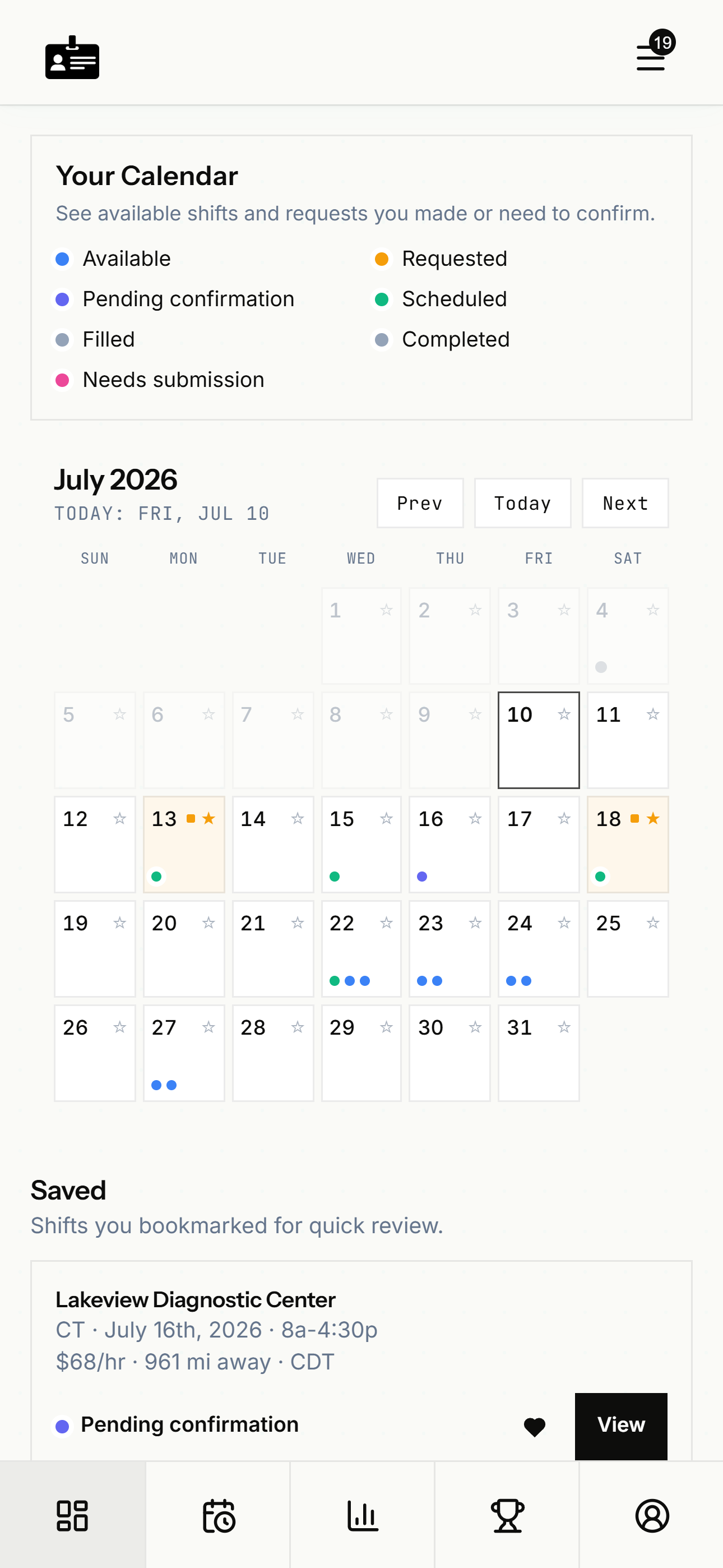 WhiteBadge app calendar showing available, requested, and scheduled shifts